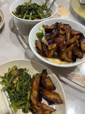 Kung pao aubergine and morning glory  at Zen Xin Vegetarian in Penang