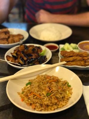 satay, fried rice, eggplant & fried chicken at Zen Xin Vegetarian in Penang