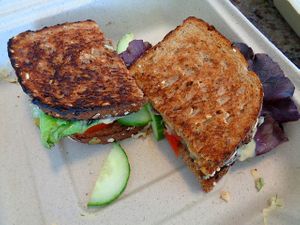 Tomato Sandwich. Local tomatoes, lettuce, cucumber, fresh dill hummus. at Rabbit Food in Painesville