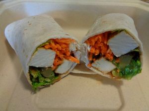 BBQ Tofu Wrap. Baked tofu, lettuce, pickle, shredded carrots, Memphis style BBQ sauce, flour tortilla. at Rabbit Food in Painesville