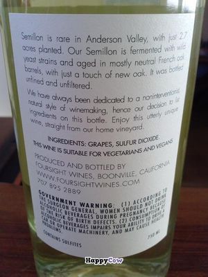 Semillon labeled 'suitable for vegans' at Foursight Wines in Boonville