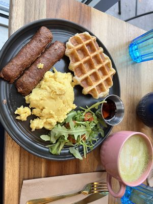 The amazing vegan breakfast and match latte with oat milk  at Craffles in Vancouver