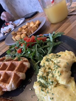 Amazing vegan breakfast, potatoes, pineapple juice   at Craffles in Vancouver