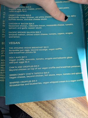 Vegan menu at Craffles in Vancouver