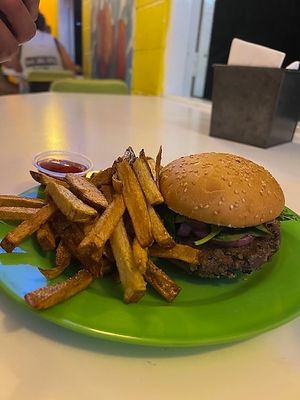 Vegan burger and hand cut fries at Coconut Grove Cafe in Basseterre