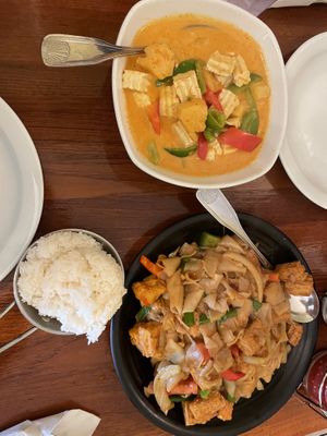 Pineapple curry and drunken noodles (extra noodles)   at Tamarind Thai Cuisine in Camarillo