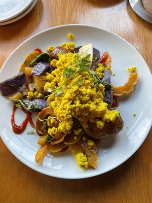 Autumn Hash with
Scrambled Tofu, Squash, Beets, Kale, Potato, Cipollini Onion, House Smoked Chipotle BBQ  (brunch item)  at Sweet Grass Grill in Tarrytown