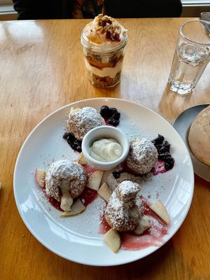 1. Vegan Cheesecake Parfait with Oat and Almond Crumble, Apple Caramel, .Cranberry, Lemon 

2. Coconut Sugar-Cinnamon Bombolini with Vegan Espresso Marscapone, Seasonal Fruits  at Sweet Grass Grill in Tarrytown