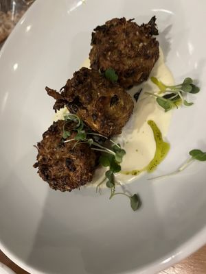 Artichoke cakes (delicious!)  at Sweet Grass Grill in Tarrytown