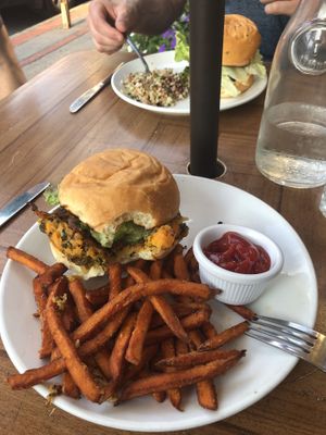 Quinoa sweet potato and kale burger with sweet potato fries at Sweet Grass Grill in Tarrytown