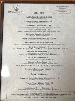 Brunch menu side 1 at Sweet Grass Grill in Tarrytown