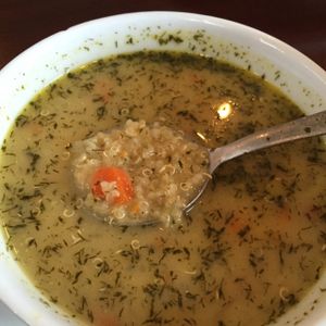 lemon quinoa soup (vegan) at Roots Organic Juice Cafe in Valparaiso