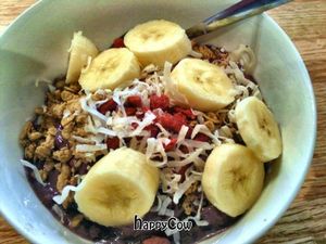 Acai bowl topped with granola, bananas, goji berries and coconut flakes. at Roots Organic Juice Cafe in Valparaiso