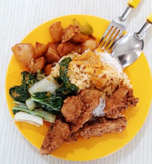 Fried mock fish, potatoes & vegetables with curry gravy at Heavens Grace Vegetarian Point 天恩素坊 in West Singapore