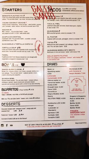 Menu at Gallo Santo in Barcelona