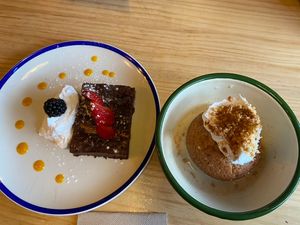 Brownie and pastel de tres leches  at Gallo Santo in Barcelona