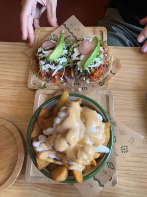 fries & carrot tinga tacos   at Gallo Santo in Barcelona