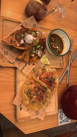 seitan birria w/ consomé & tofish tacos   at Gallo Santo in Barcelona