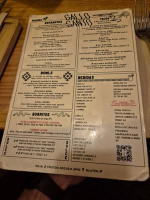 Menu (en español) at Gallo Santo in Barcelona