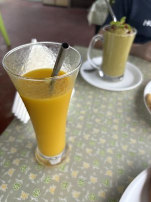 Mango juice (nice) and a green smoothie (wasn’t very nice)   at Bunty's Kitchen  in Pushkar