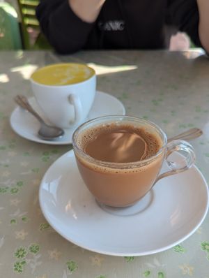 Vegan chai and vegan tumeric latte at Bunty's Kitchen  in Pushkar