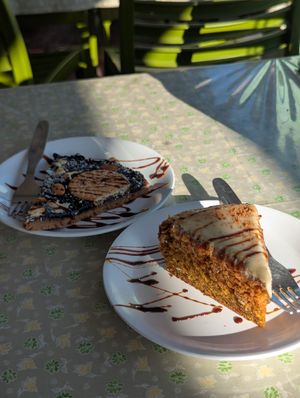 Vegan carrot cake & vegan choc biscuit cake (they assured us it was all vegan with soy milk) at Bunty's Kitchen  in Pushkar
