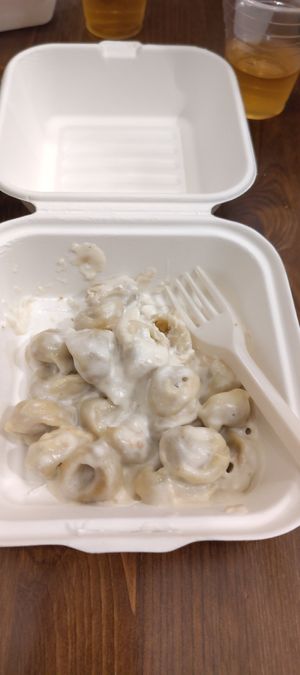 Very very small portion of tortellini.  Which was just as well because it was awful.  You had to order a cross the road then pick it up in 10 minutes in a takeaway bag. at ZEM Bistro in Bologna