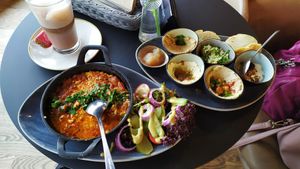 Israeli breakfast with shakshuka at Life Deli in Frankfurt