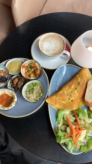 Israeli breakfast (omelette): comes with lots of tasty side dishes!  at Life Deli in Frankfurt