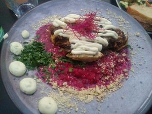 Cauliflower steak on beetroot risotto at Life Deli in Frankfurt