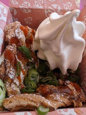 Waffle made with vegan chikin. Spicy and sweet! at Taste Like Chicken TLC in Amsterdam