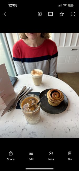 Iced coffee and cinnamon roll  at PEACH in Hertford