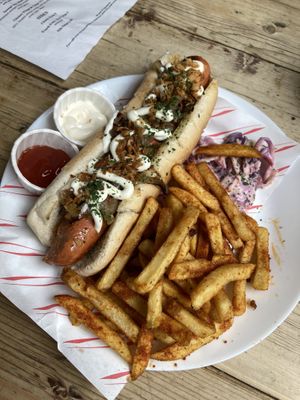 Vegan not dog with vegan mayo and chips  at The Camden Enterprise in North West London