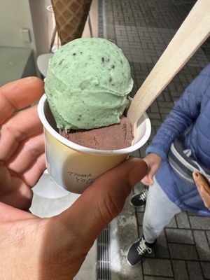 Hazelnut chocolate and mint chocolate chip. Pretty good!  at Tutto in Tokyo