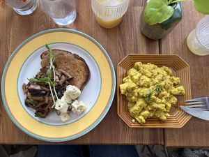 Mixed mushrooms on toast with feta and a side of the tofu scramble   at Shizen  in Nozawaonsen