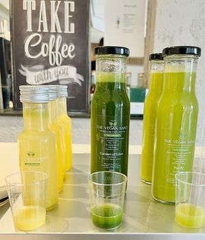 A couple Raw Coldpressed Organic Juicesing served in the Store. Sometimes we have sample tastings too. at The Vegan Saint Store in Gouderak