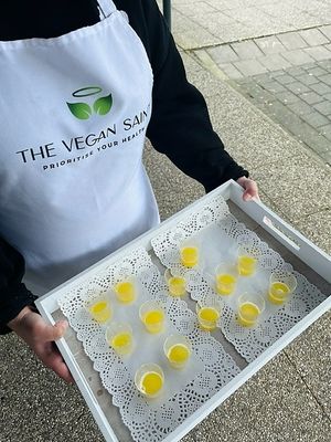 If you are lucky we are walking around with samples to taste our Limited Juices. This is the Pineapple Summer Juice. at The Vegan Saint Store in Gouderak