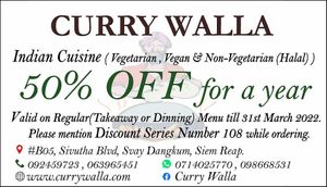50% off till 31/03/2022 at Curry Walla in Siem Reap