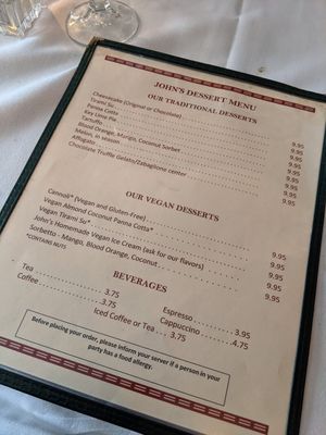 Vegan dessert menu at John's of 12th Street in New York City