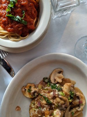 Seitan scallopini with marsala and side of spaghetti and homemade red sauce at John's of 12th Street in New York City