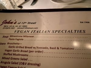 vegan menu  at John's of 12th Street in New York City