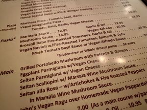 vegan menu  at John's of 12th Street in New York City
