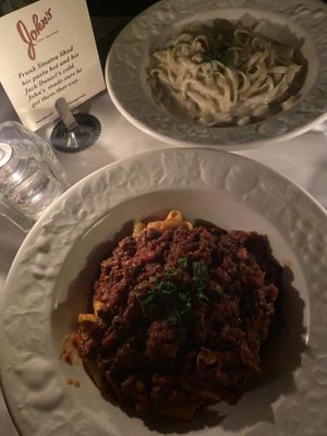 Homemade vegan ragú and parpadelle; vegan fettuccine Alfredo  at John's of 12th Street in New York City