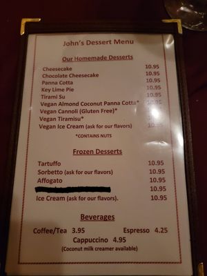 Dessert menu #Veganuary at John's of 12th Street in New York City