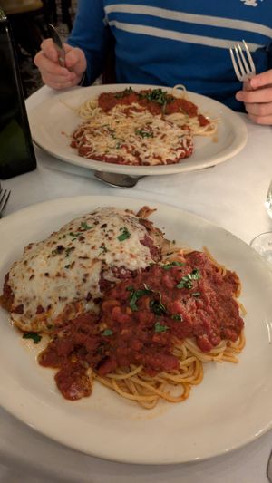 Eggplant (front) and seitan (back) Parmigiano at John's of 12th Street in New York City