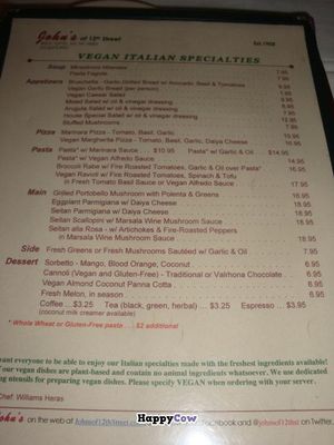 separate vegan menu at John's of 12th Street in New York City