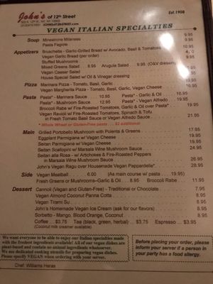 Separate vegan menu, old world setting at John's of 12th Street in New York City