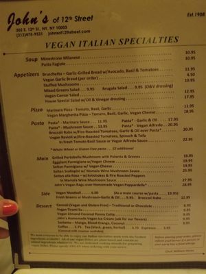Menu at John's of 12th Street in New York City