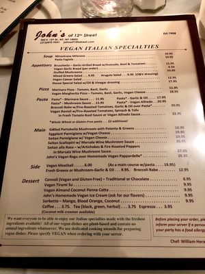 Vegan menu  at John's of 12th Street in New York City
