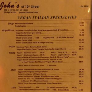 Vegan menu at John's of 12th Street in New York City